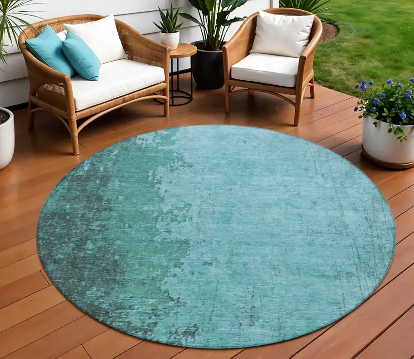 8' Teal Blue And Aqua Round Abstract Washable Indoor Outdoor Area Rug Photo 2