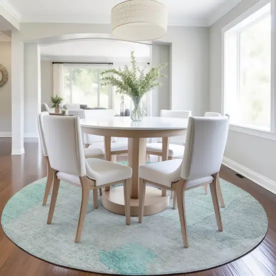 8' Teal Blue And Aqua Round Abstract Washable Indoor Outdoor Area Rug Photo 6