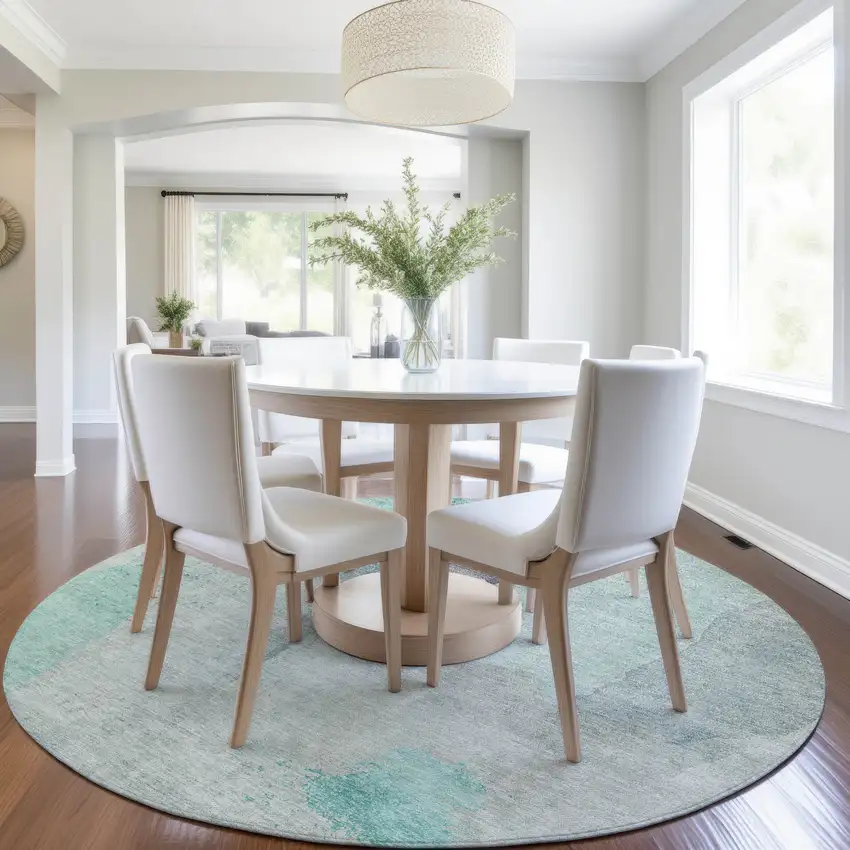 8' Teal Blue And Aqua Round Abstract Washable Indoor Outdoor Area Rug Photo 6