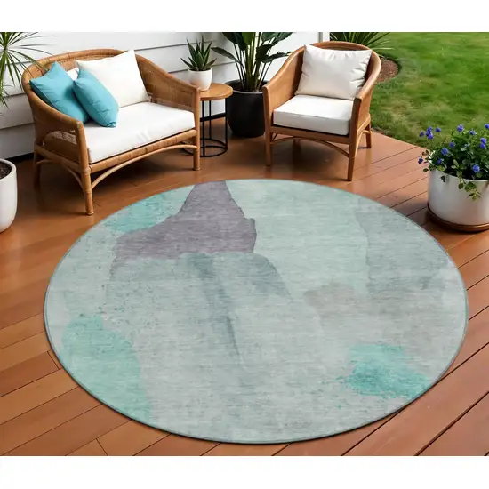 8' Teal Blue And Aqua Round Abstract Washable Indoor Outdoor Area Rug Photo 2