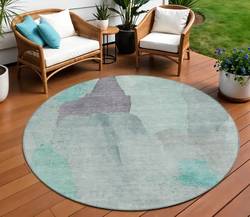 8' Teal Blue And Aqua Round Abstract Washable Indoor Outdoor Area Rug Photo 2
