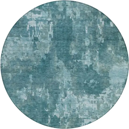 8' Teal Blue And Aqua Round Abstract Washable Indoor Outdoor Area Rug Photo 1