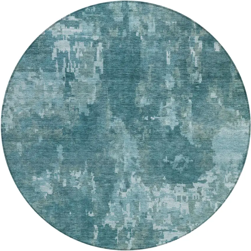 8' Teal Blue And Aqua Round Abstract Washable Indoor Outdoor Area Rug Photo 1