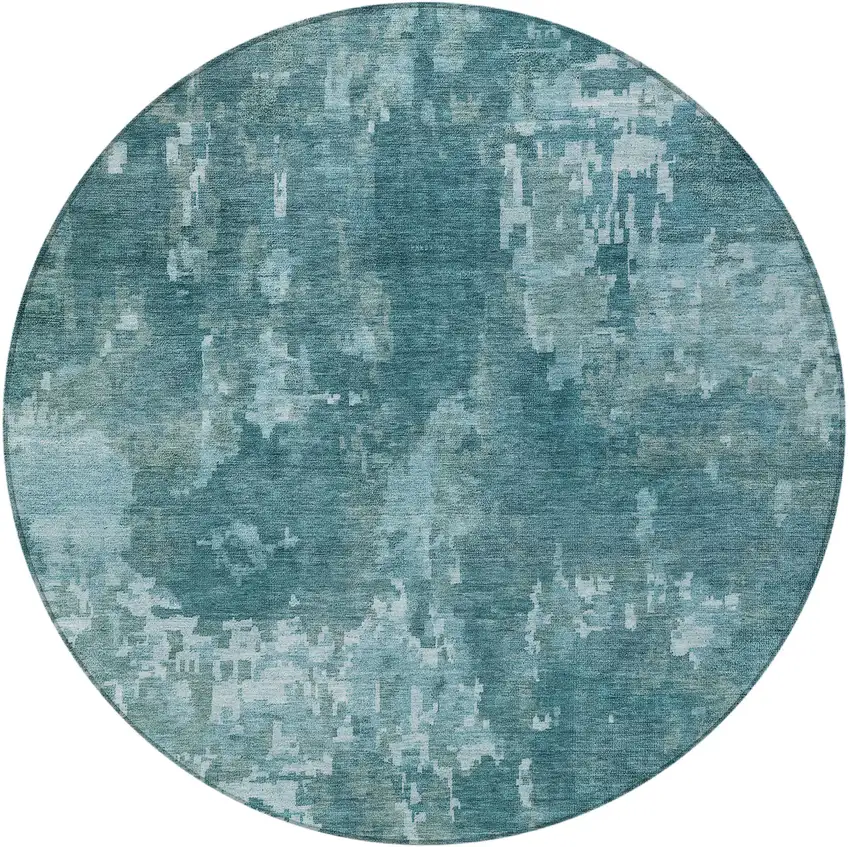 8' Teal Blue And Aqua Round Abstract Washable Indoor Outdoor Area Rug Photo 3