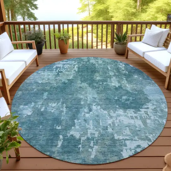 8' Teal Blue And Aqua Round Abstract Washable Indoor Outdoor Area Rug Photo 4