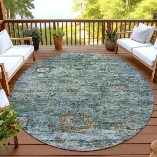 8' Teal Blue And Aqua Round Abstract Washable Indoor Outdoor Area Rug Photo 4