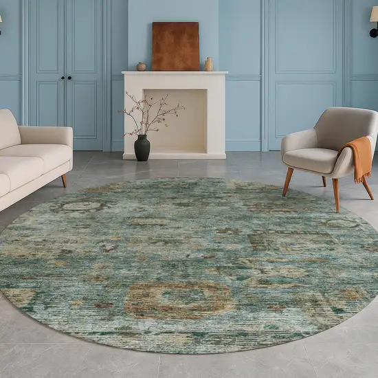 8' Teal Blue And Aqua Round Abstract Washable Indoor Outdoor Area Rug Photo 5