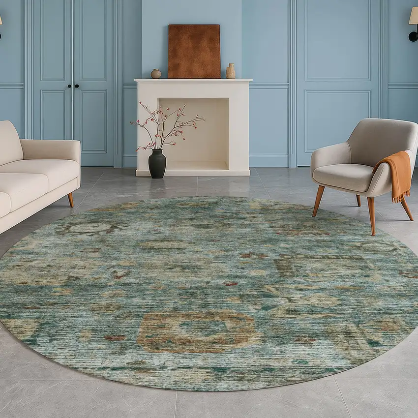 8' Teal Blue And Aqua Round Abstract Washable Indoor Outdoor Area Rug Photo 5