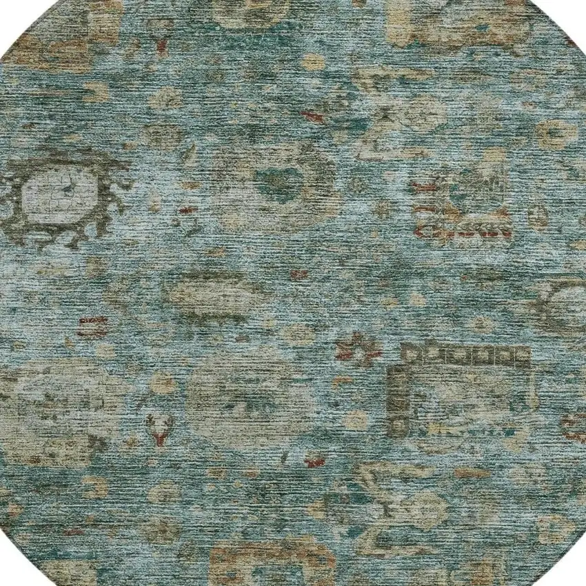 8' Teal Blue And Aqua Round Abstract Washable Indoor Outdoor Area Rug Photo 2