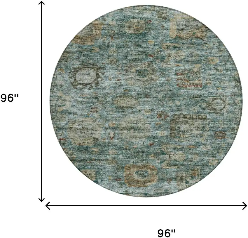 8' Teal Blue And Aqua Round Abstract Washable Indoor Outdoor Area Rug Photo 8