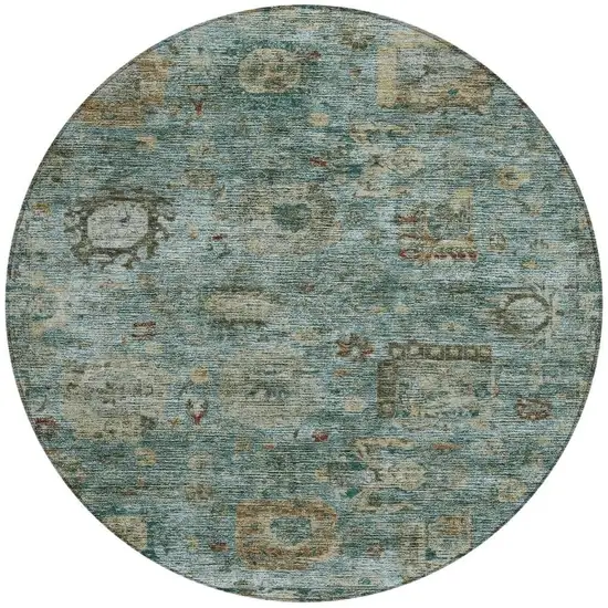 8' Teal Blue And Aqua Round Abstract Washable Indoor Outdoor Area Rug Photo 3