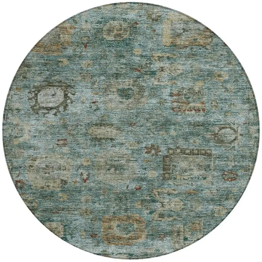 8' Teal Blue And Aqua Round Abstract Washable Indoor Outdoor Area Rug Photo 3