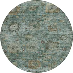 Photo of 8' Teal Blue And Aqua Round Abstract Washable Indoor Outdoor Area Rug