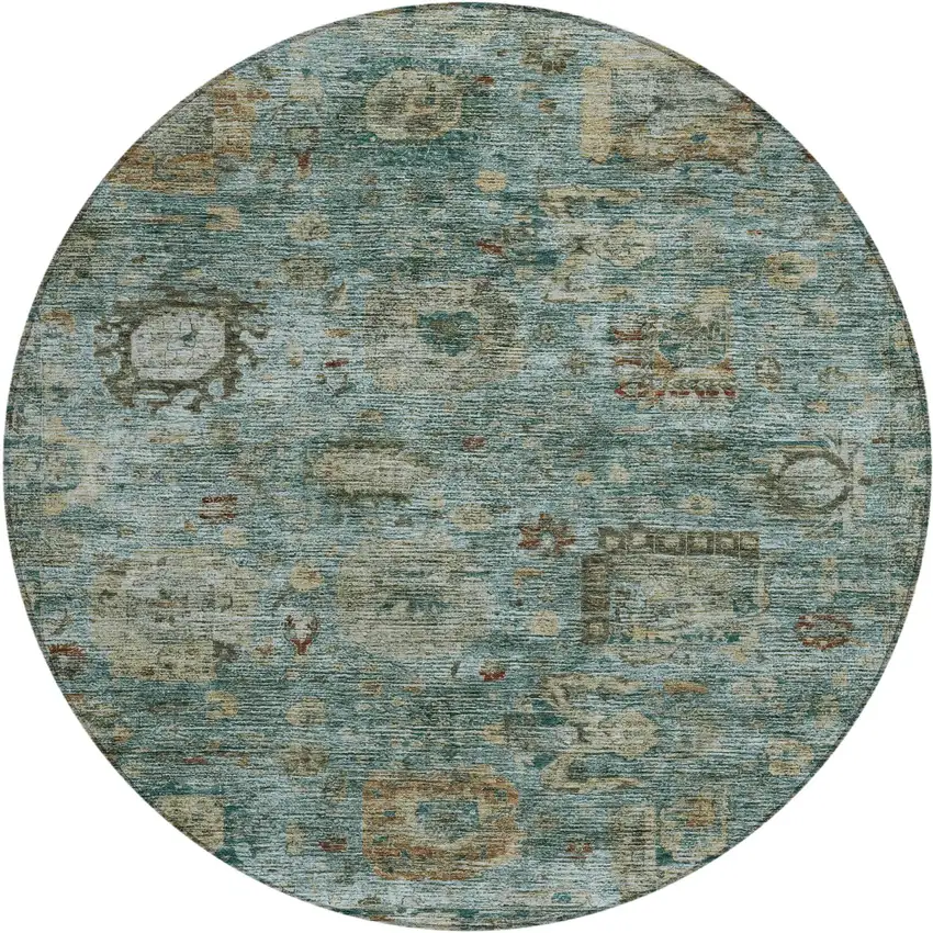 8' Teal Blue And Aqua Round Abstract Washable Indoor Outdoor Area Rug Photo 1
