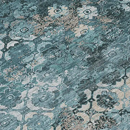 8' Teal Blue And Aqua Round Abstract Washable Indoor Outdoor Area Rug Photo 7