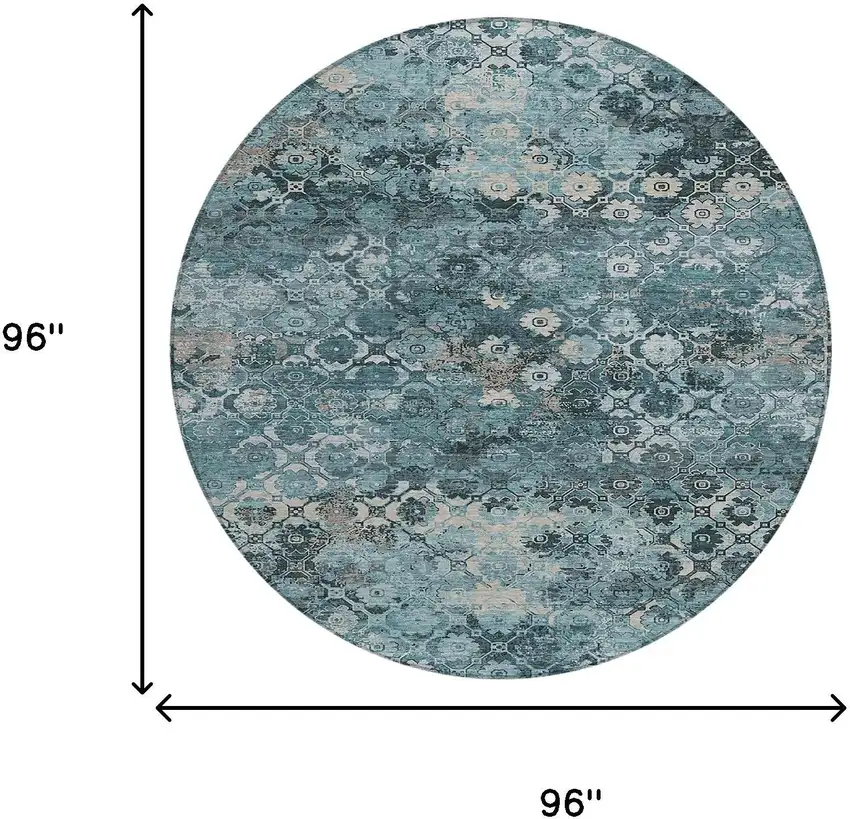8' Teal Blue And Aqua Round Abstract Washable Indoor Outdoor Area Rug Photo 8