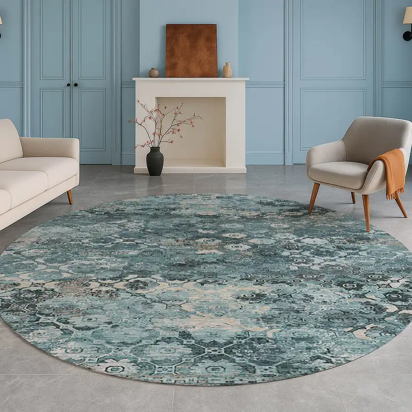 8' Teal Blue And Aqua Round Abstract Washable Indoor Outdoor Area Rug Photo 5