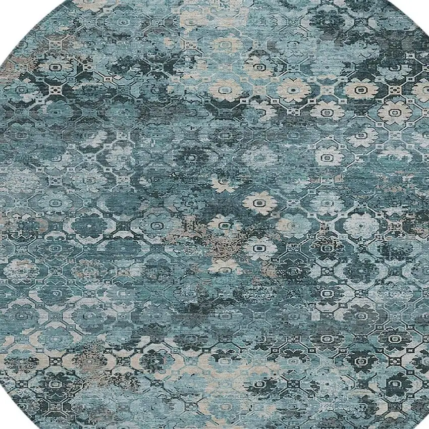 8' Teal Blue And Aqua Round Abstract Washable Indoor Outdoor Area Rug Photo 2