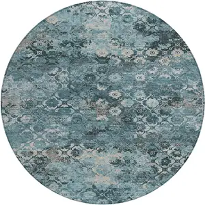 Photo of 8' Teal Blue And Aqua Round Abstract Washable Indoor Outdoor Area Rug