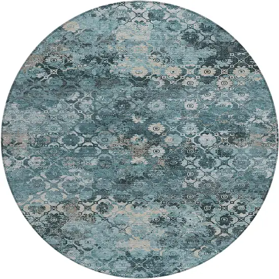 8' Teal Blue And Aqua Round Abstract Washable Indoor Outdoor Area Rug Photo 1