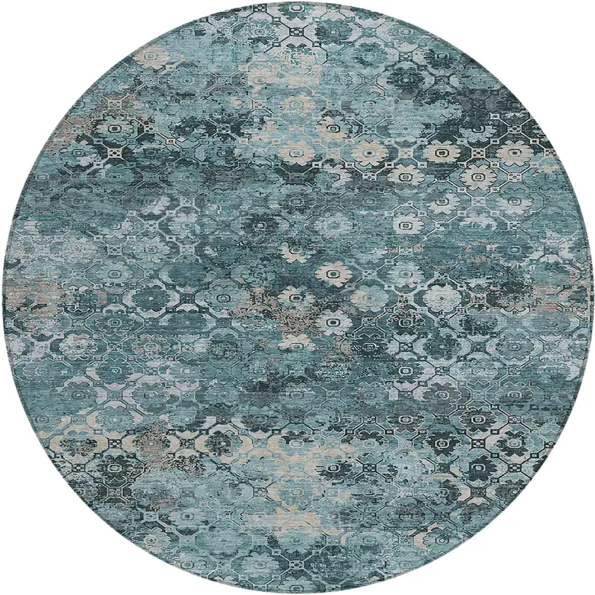 8' Teal Blue And Aqua Round Abstract Washable Indoor Outdoor Area Rug Photo 1