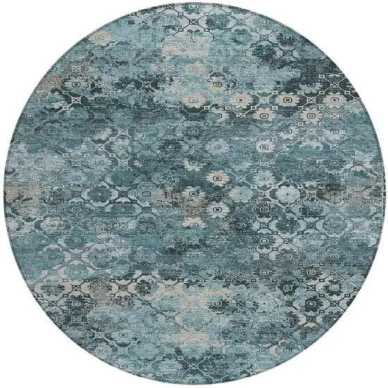 8' Teal Blue And Aqua Round Abstract Washable Indoor Outdoor Area Rug Photo 3