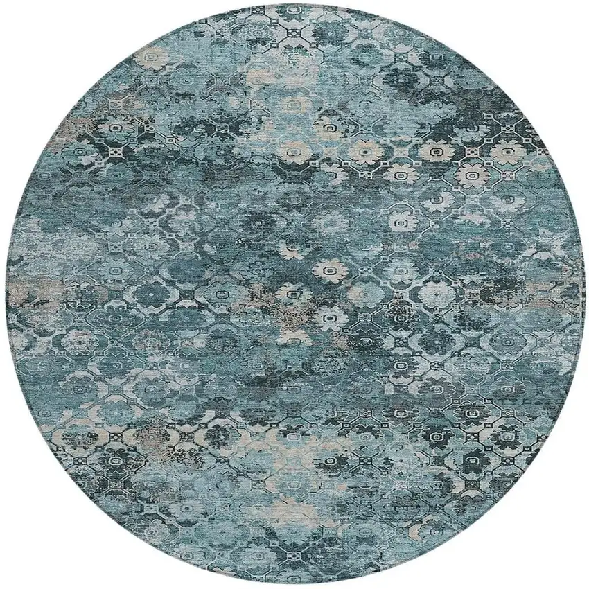 8' Teal Blue And Aqua Round Abstract Washable Indoor Outdoor Area Rug Photo 3