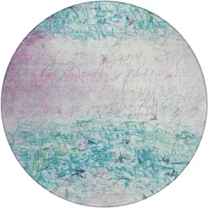 Photo of 8' Teal Blue And Aqua Round Abstract Washable Indoor Outdoor Area Rug