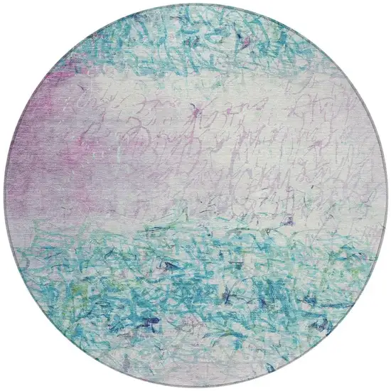 8' Teal Blue And Aqua Round Abstract Washable Indoor Outdoor Area Rug Photo 3