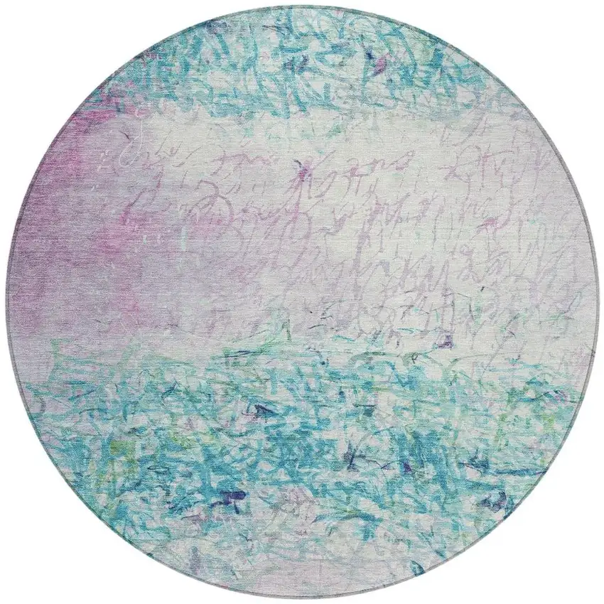 8' Teal Blue And Aqua Round Abstract Washable Indoor Outdoor Area Rug Photo 3