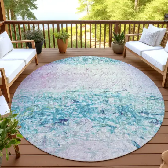 8' Teal Blue And Aqua Round Abstract Washable Indoor Outdoor Area Rug Photo 4