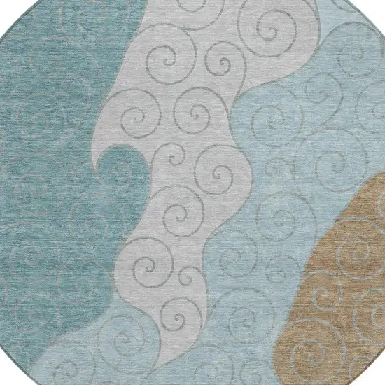 8' Teal Blue And Aqua Round Abstract Washable Indoor Outdoor Area Rug Photo 2