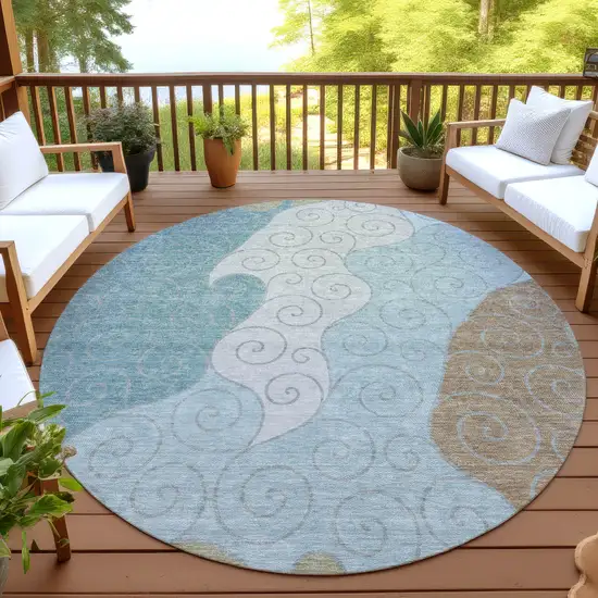 8' Teal Blue And Aqua Round Abstract Washable Indoor Outdoor Area Rug Photo 4