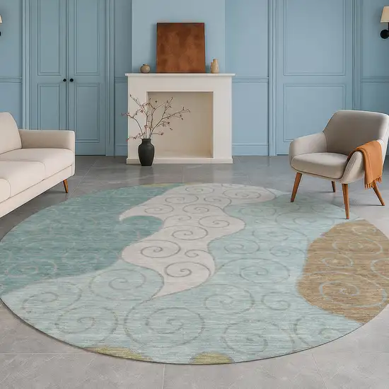 8' Teal Blue And Aqua Round Abstract Washable Indoor Outdoor Area Rug Photo 5