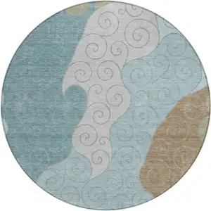 Photo of 8' Teal Blue And Aqua Round Abstract Washable Indoor Outdoor Area Rug
