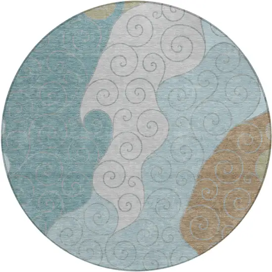 8' Teal Blue And Aqua Round Abstract Washable Indoor Outdoor Area Rug Photo 1