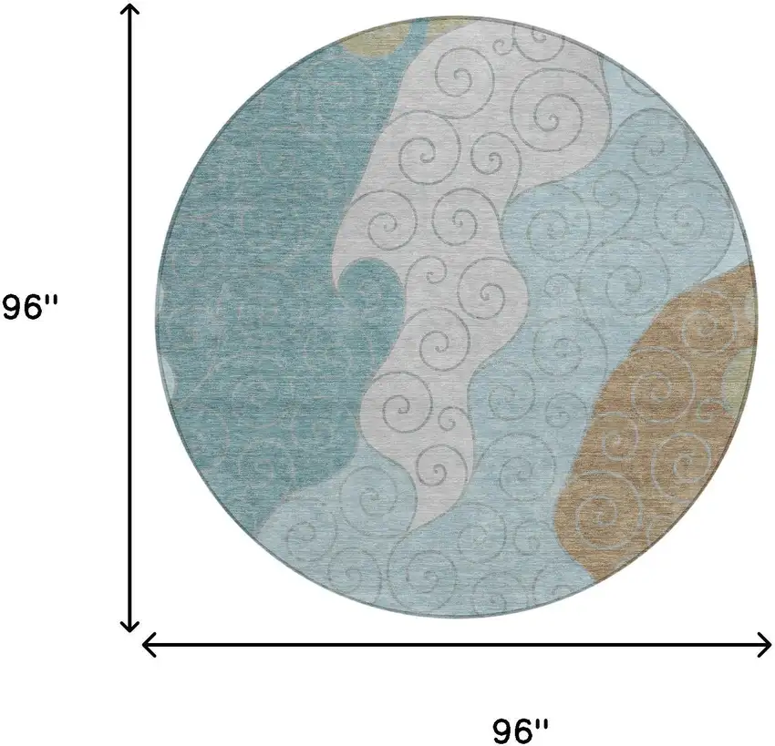 8' Teal Blue And Aqua Round Abstract Washable Indoor Outdoor Area Rug Photo 8