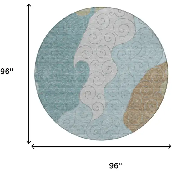 8' Teal Blue And Aqua Round Abstract Washable Indoor Outdoor Area Rug Photo 8