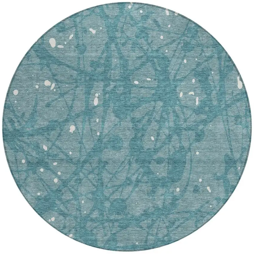 8' Teal Blue And Aqua Round Abstract Washable Indoor Outdoor Area Rug Photo 3