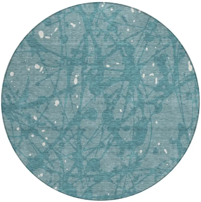 8' Teal Blue And Aqua Round Abstract Washable Indoor Outdoor Area Rug Photo 1