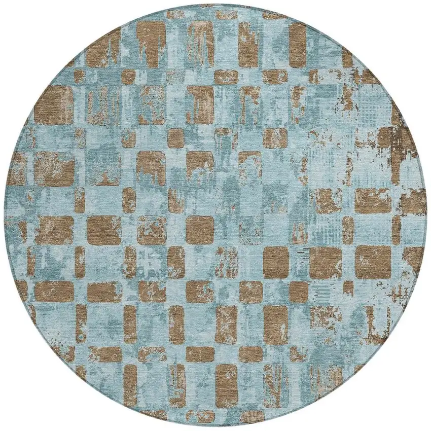 8' Teal Blue And Aqua Round Abstract Washable Indoor Outdoor Area Rug Photo 3