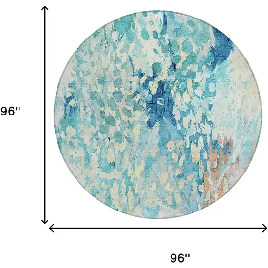 8' Teal Blue And Aqua Round Abstract Washable Indoor Outdoor Area Rug Photo 7