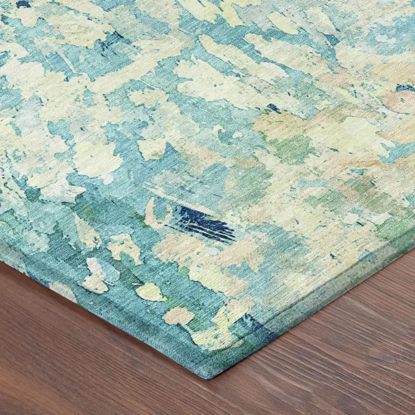8' Teal Blue And Aqua Round Abstract Washable Indoor Outdoor Area Rug Photo 5