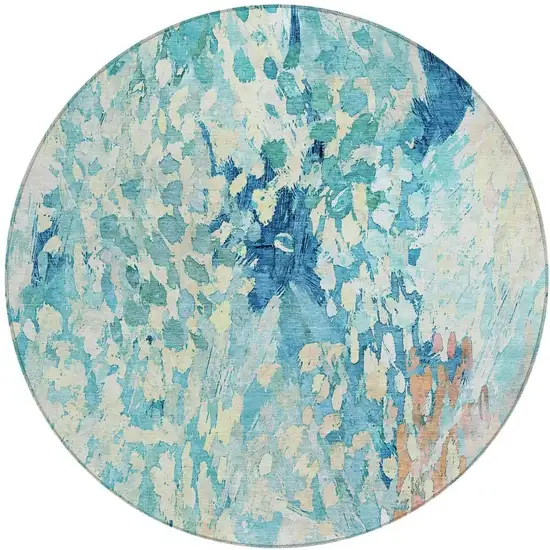 8' Teal Blue And Aqua Round Abstract Washable Indoor Outdoor Area Rug Photo 2