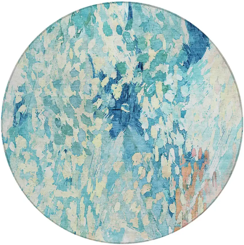 8' Teal Blue And Aqua Round Abstract Washable Indoor Outdoor Area Rug Photo 3