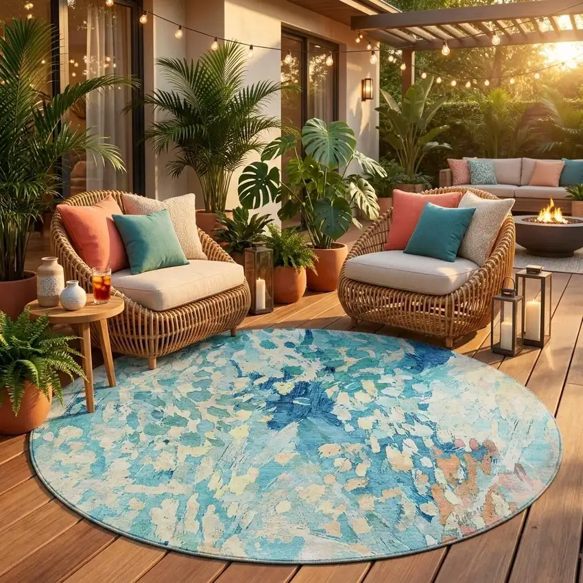 8' Teal Blue And Aqua Round Abstract Washable Indoor Outdoor Area Rug Photo 1