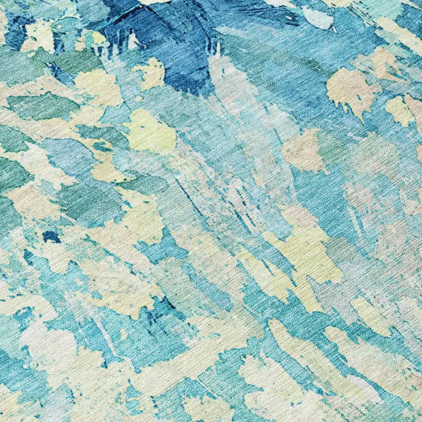 8' Teal Blue And Aqua Round Abstract Washable Indoor Outdoor Area Rug Photo 6