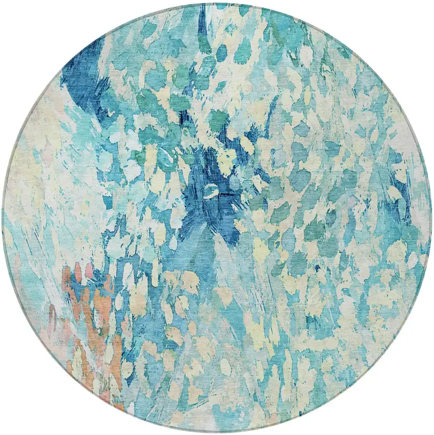 8' Teal Blue And Aqua Round Abstract Washable Indoor Outdoor Area Rug Photo 4