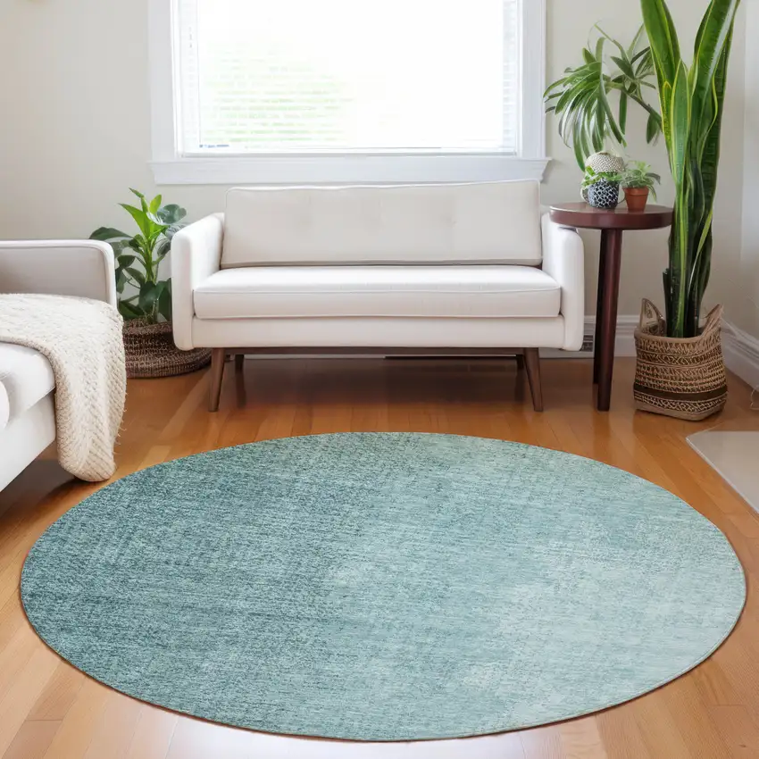8' Teal Blue And Aqua Round Abstract Washable Indoor Outdoor Area Rug Photo 9