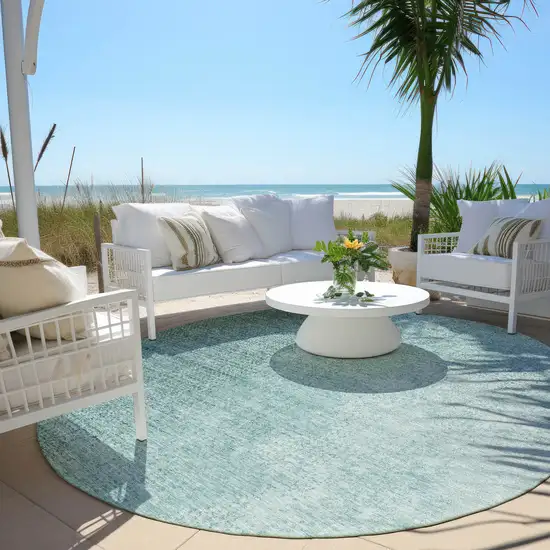 8' Teal Blue And Aqua Round Abstract Washable Indoor Outdoor Area Rug Photo 8